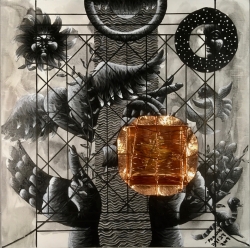 Reliquary Series: Pouring, 2019, 12" x 12", mixed media (acrylic on panel with copper inset and relic)